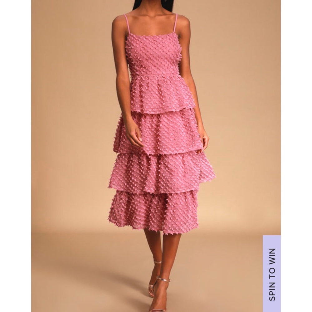 Lulu’s Flirting with You Mauve Tiered Pom Pom Midi Dress